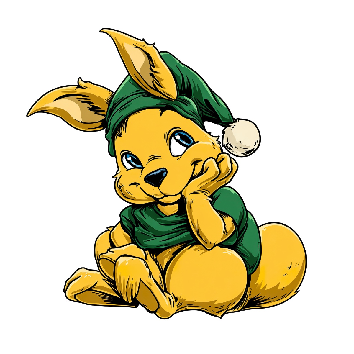 Yellow kangaroo wearing a green hat and shirt, sitting thoughtfully.