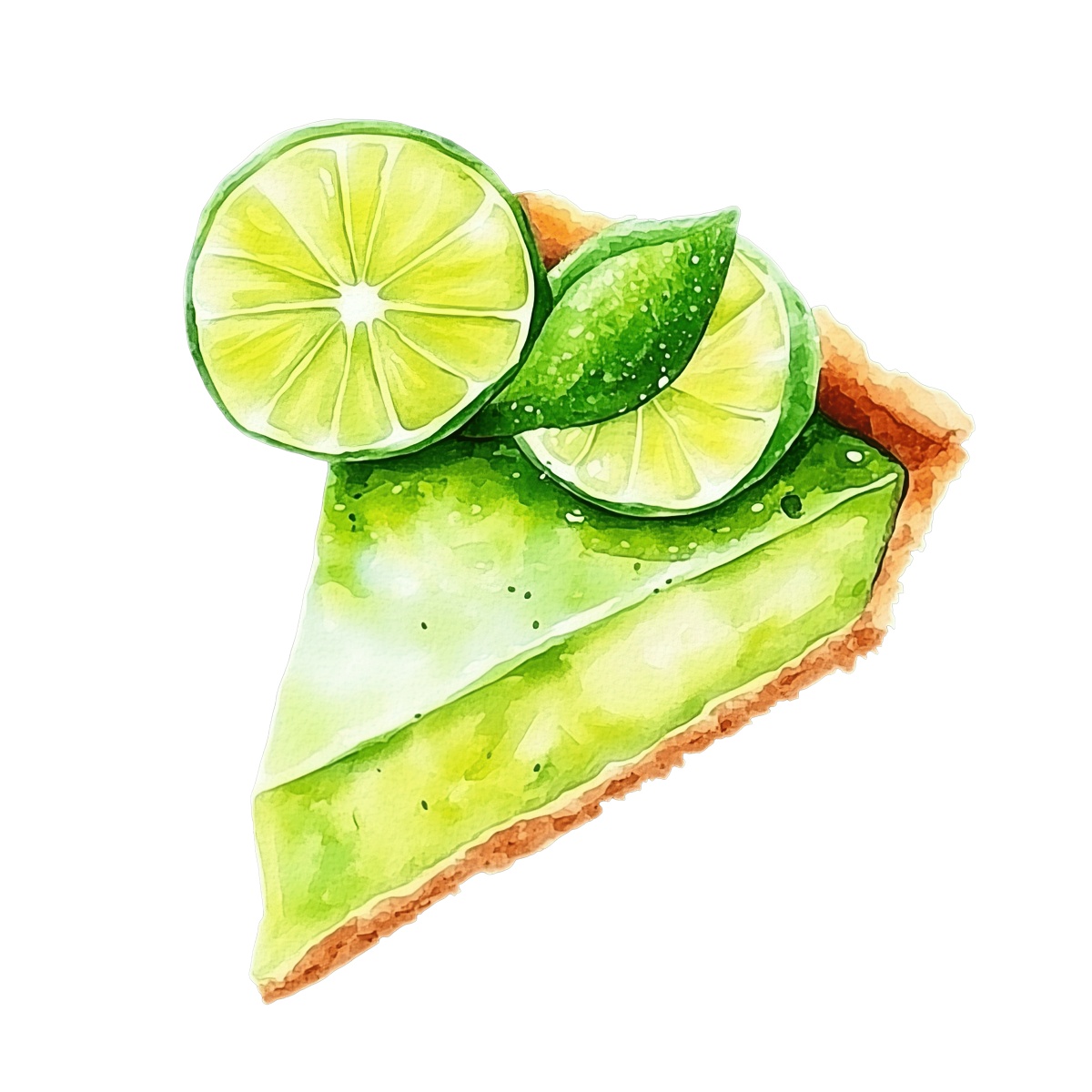 Key lime pie slice with lime slices and leaves on top.