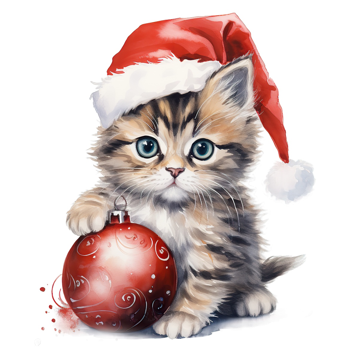 Kitten wearing a Santa hat holding a red Christmas ornament.
