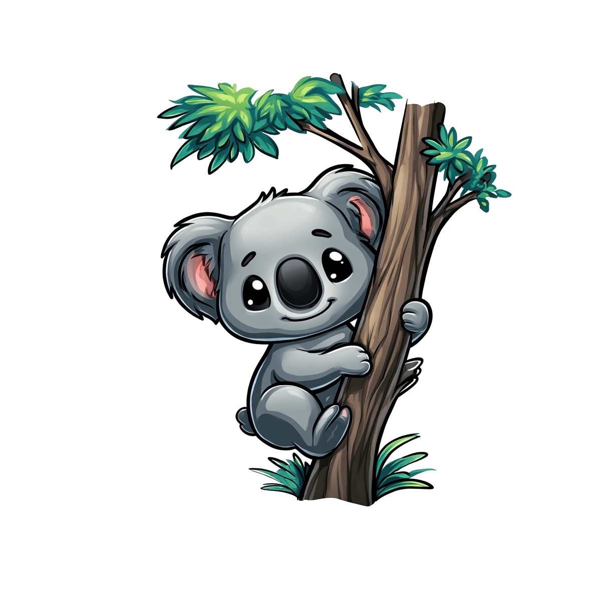 Koala holding onto a tree trunk with green leaves.