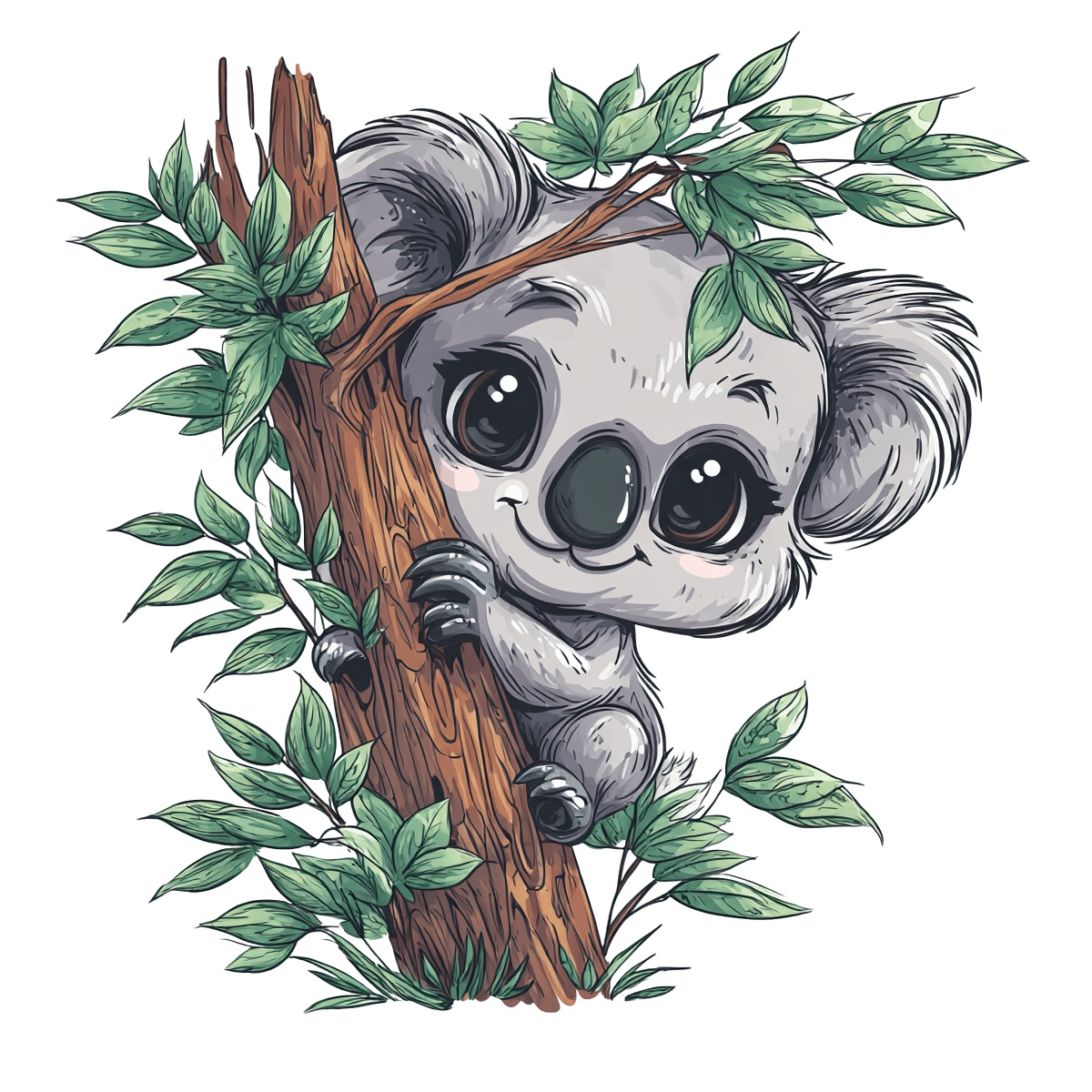 Koala holding onto a tree with green leaves around.