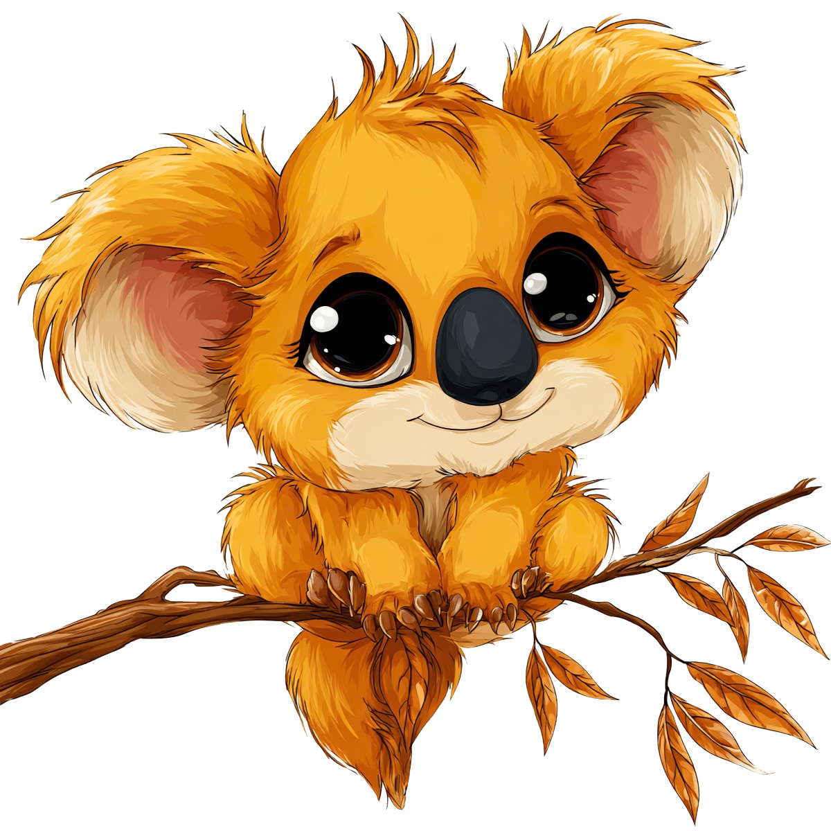 Cartoon koala sitting on branch with leaves.