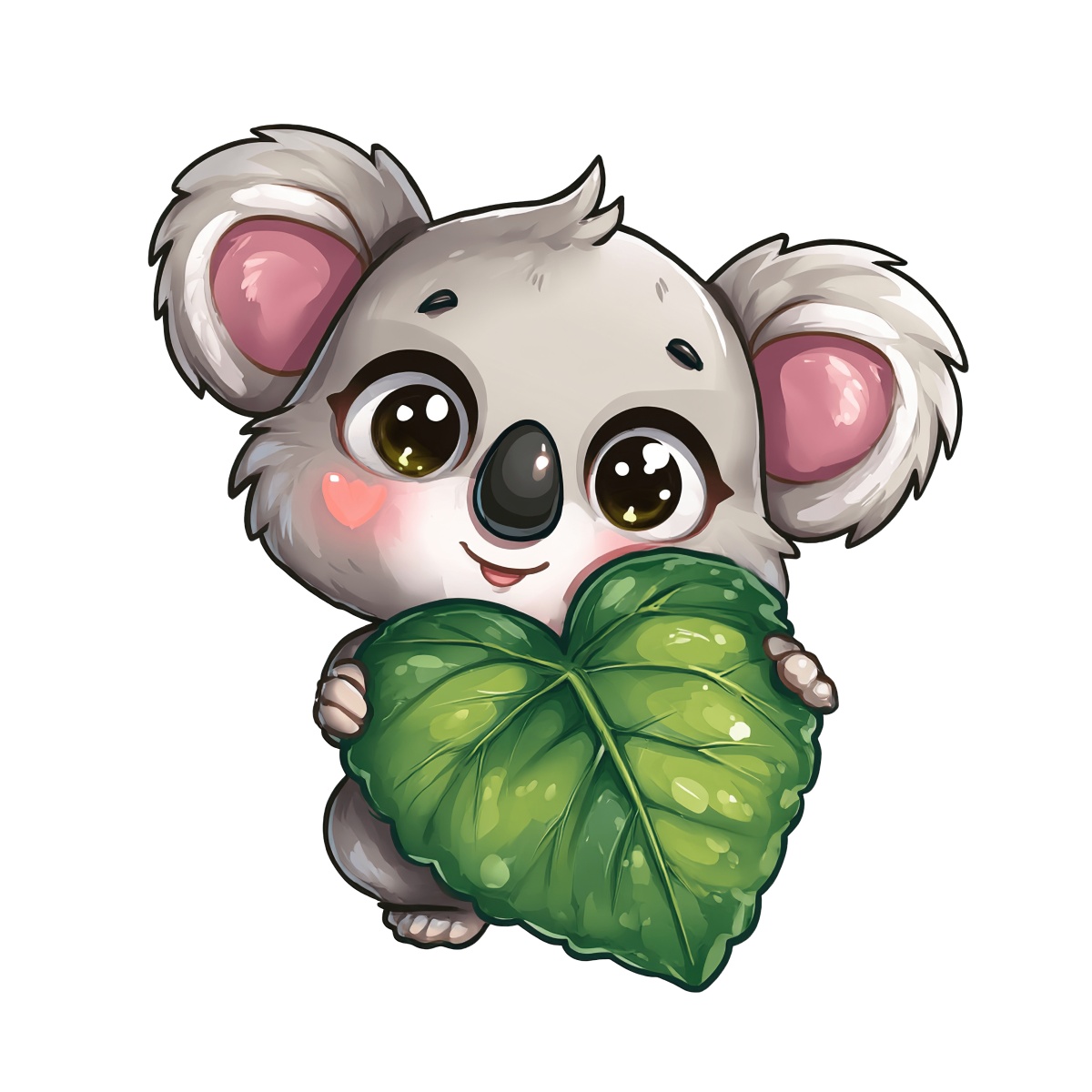 Cartoon koala holding a large green leaf illustration.
