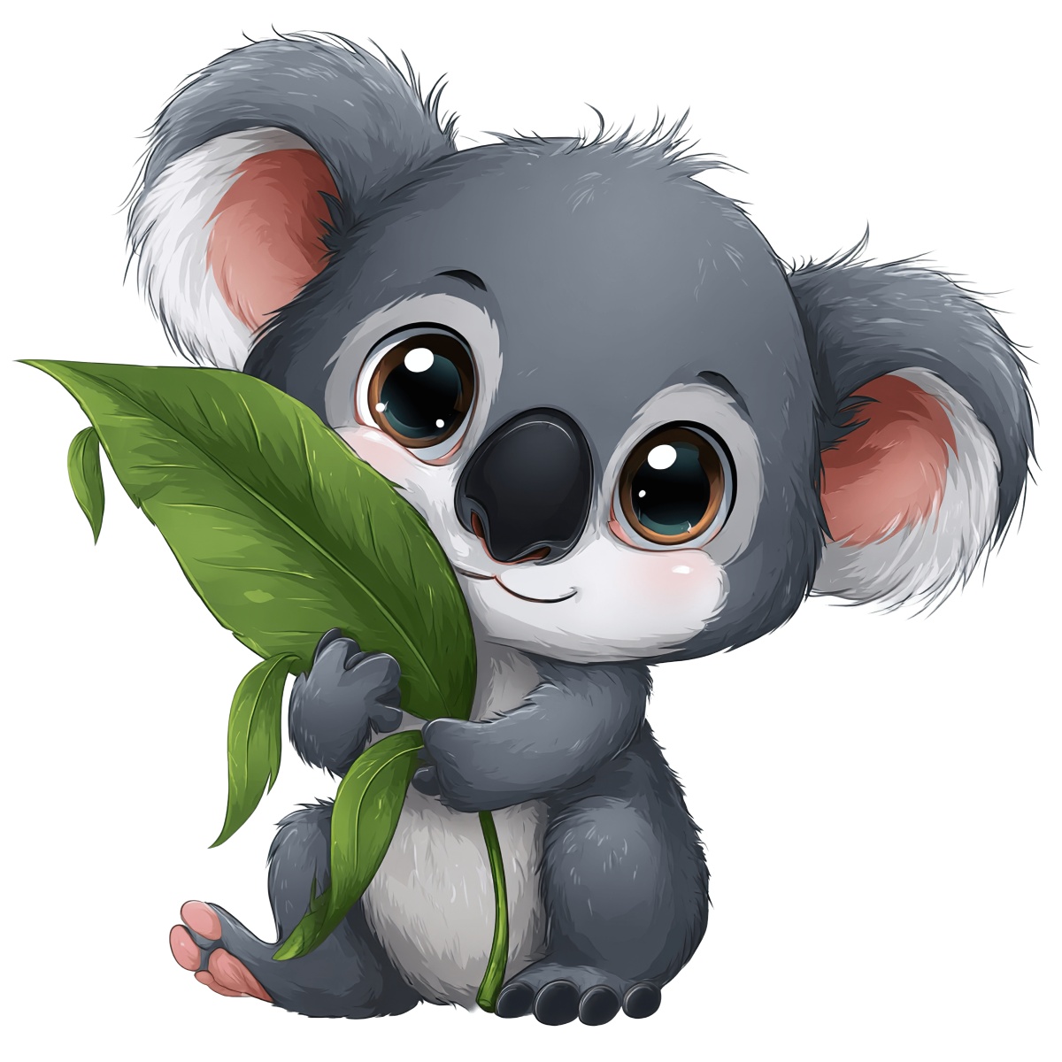 Cartoon koala with big ears holding a green leaf.