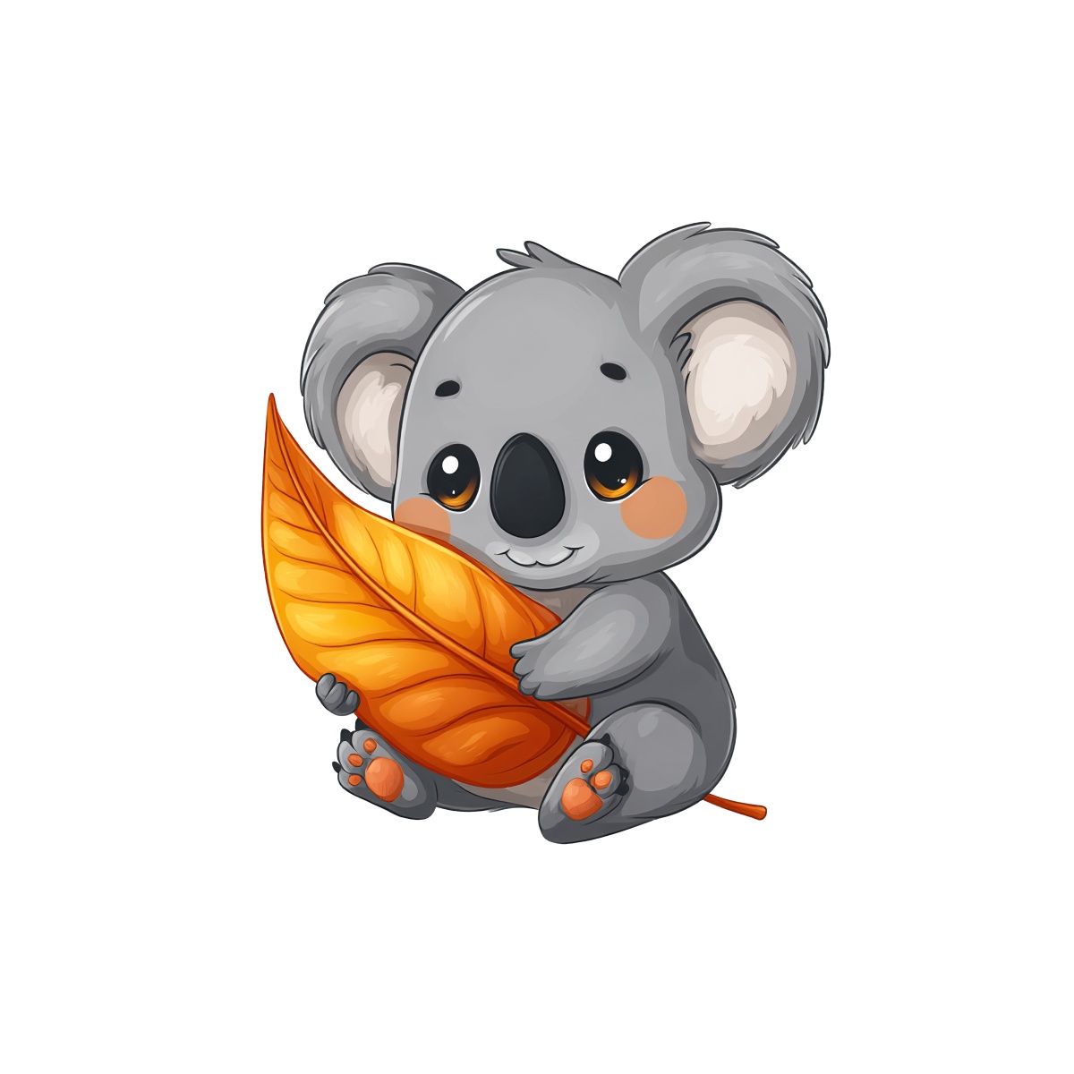 Koala with gray fur holding an orange leaf in its paw.