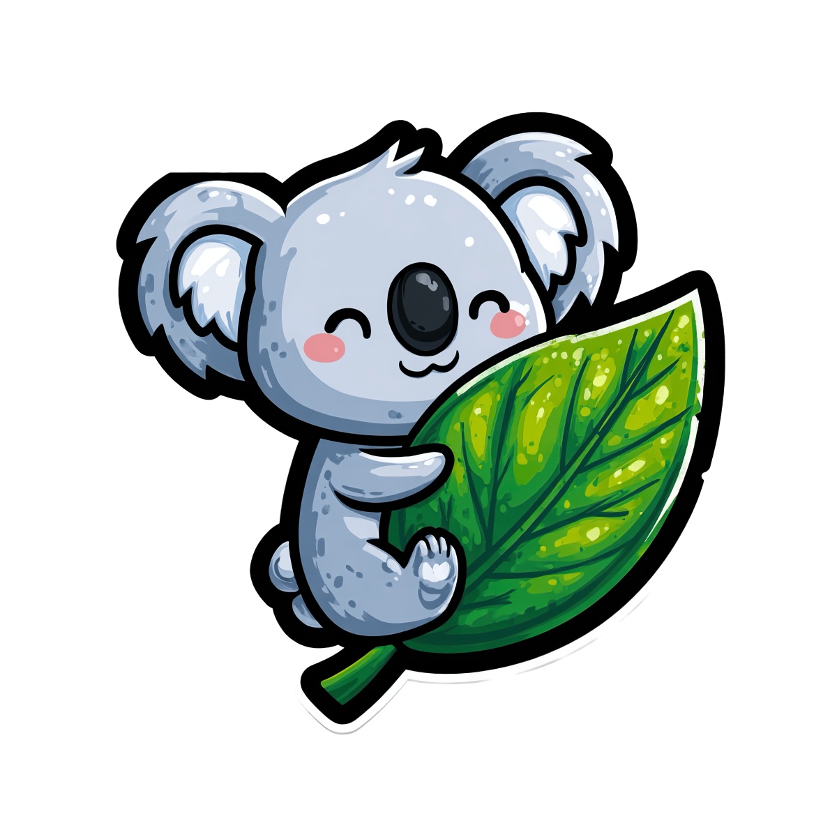 Cartoon koala holding a large green leaf illustration.