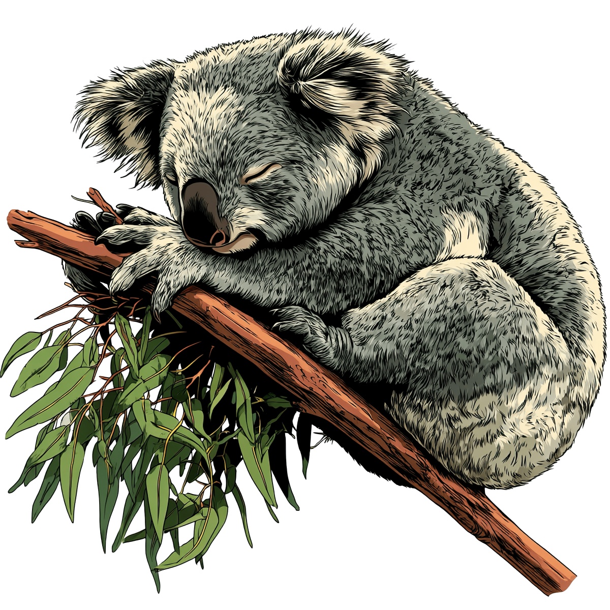 Koala resting on eucalyptus branch