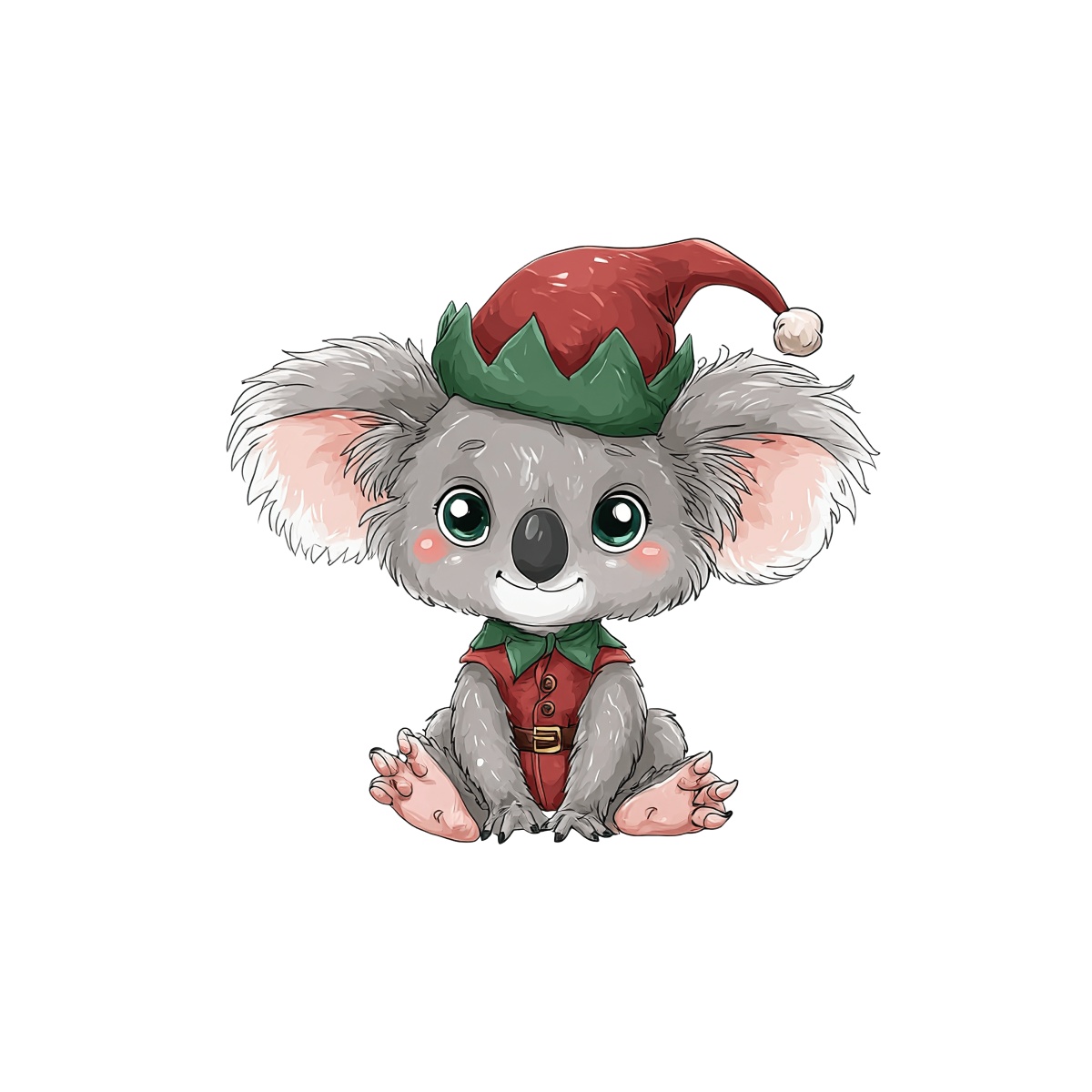 Koala in elf outfit with red hat and green trim sitting.