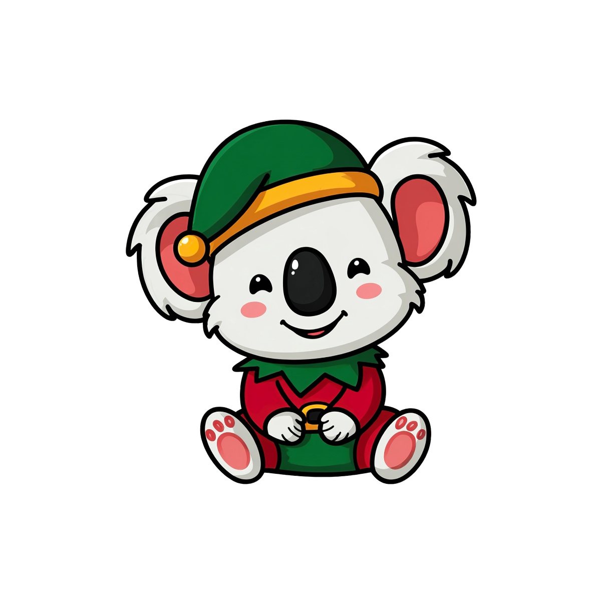 Cartoon koala in an elf outfit with green hat and red clothes.