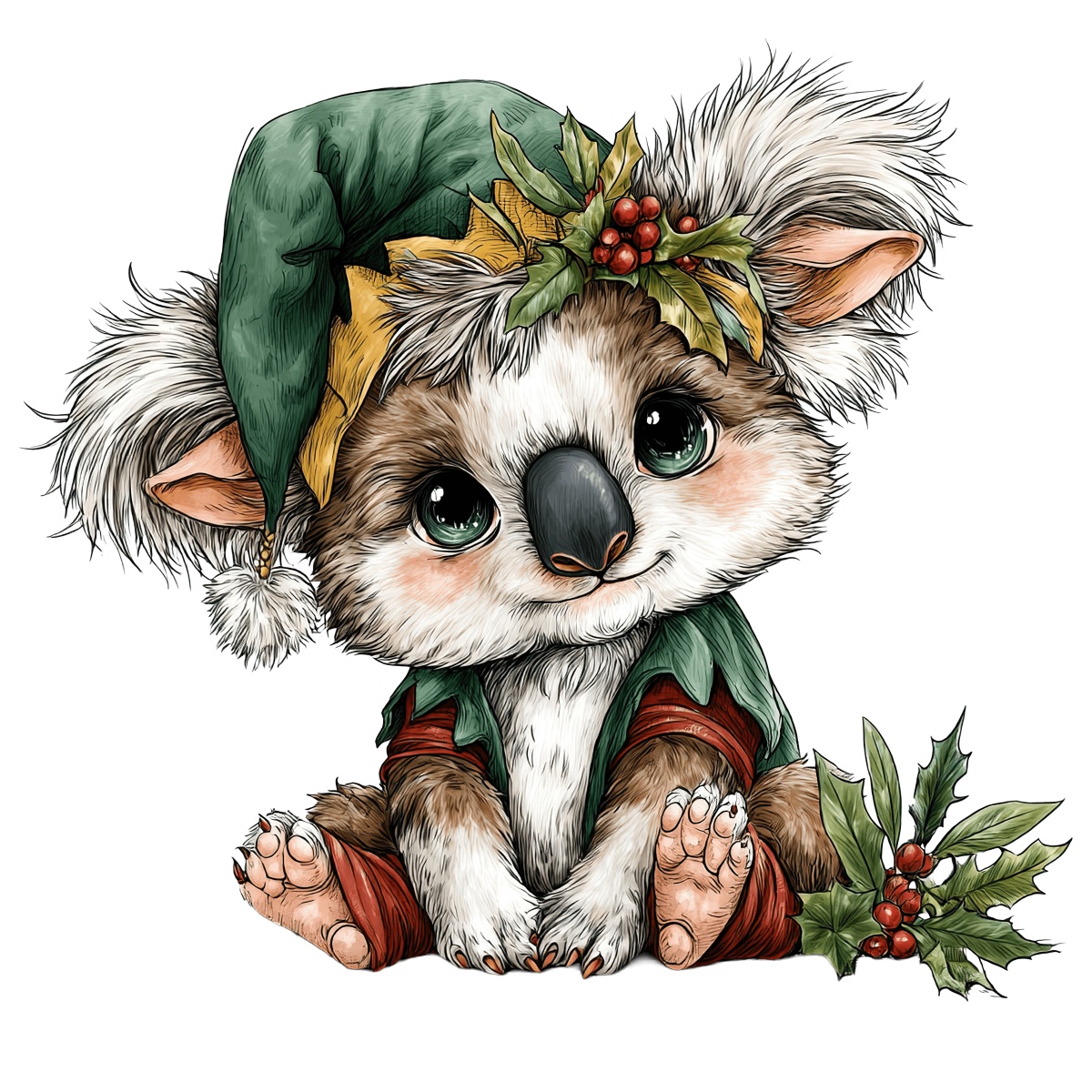 Koala in elf hat and outfit with holly, sitting pose.