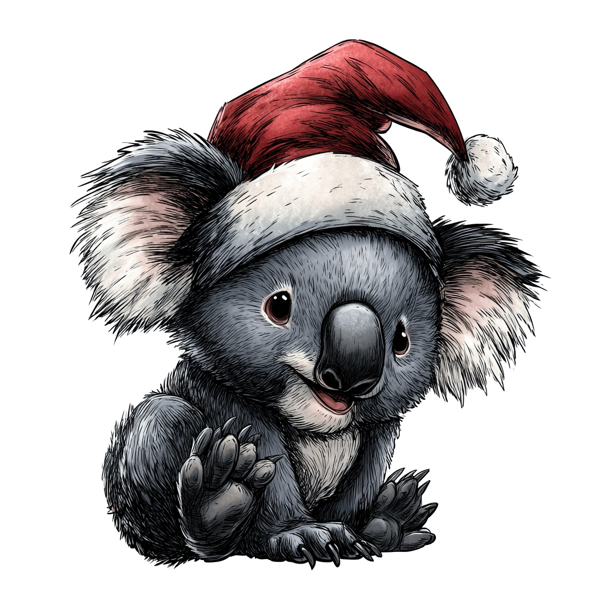 Koala wearing a red Santa hat, sitting and facing forward.