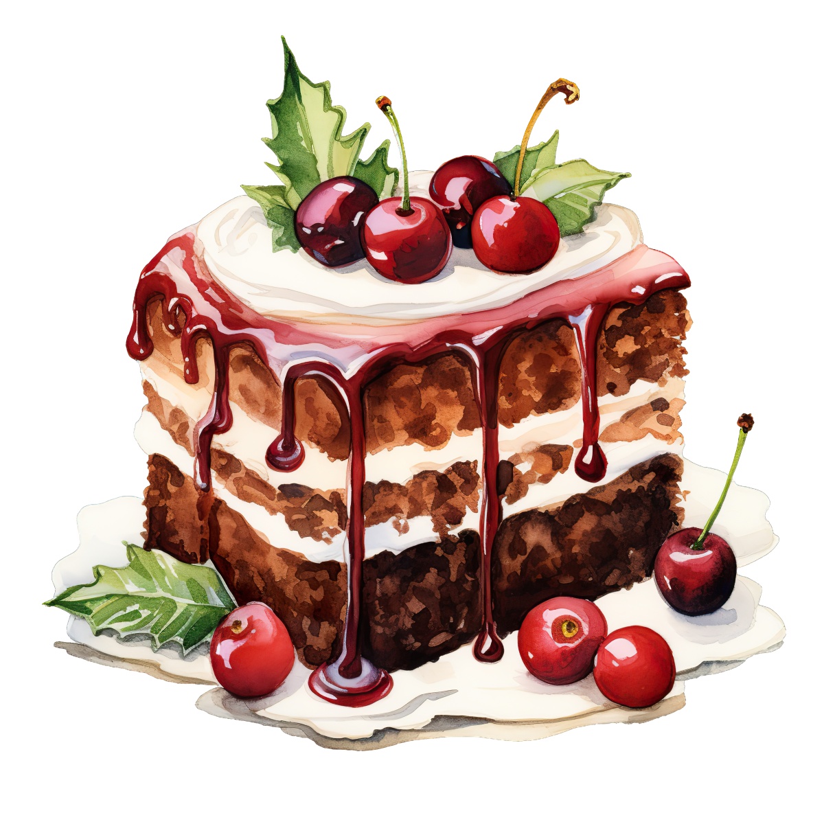 Slice of chocolate cake with cream, cherries, and holly leaves on top.