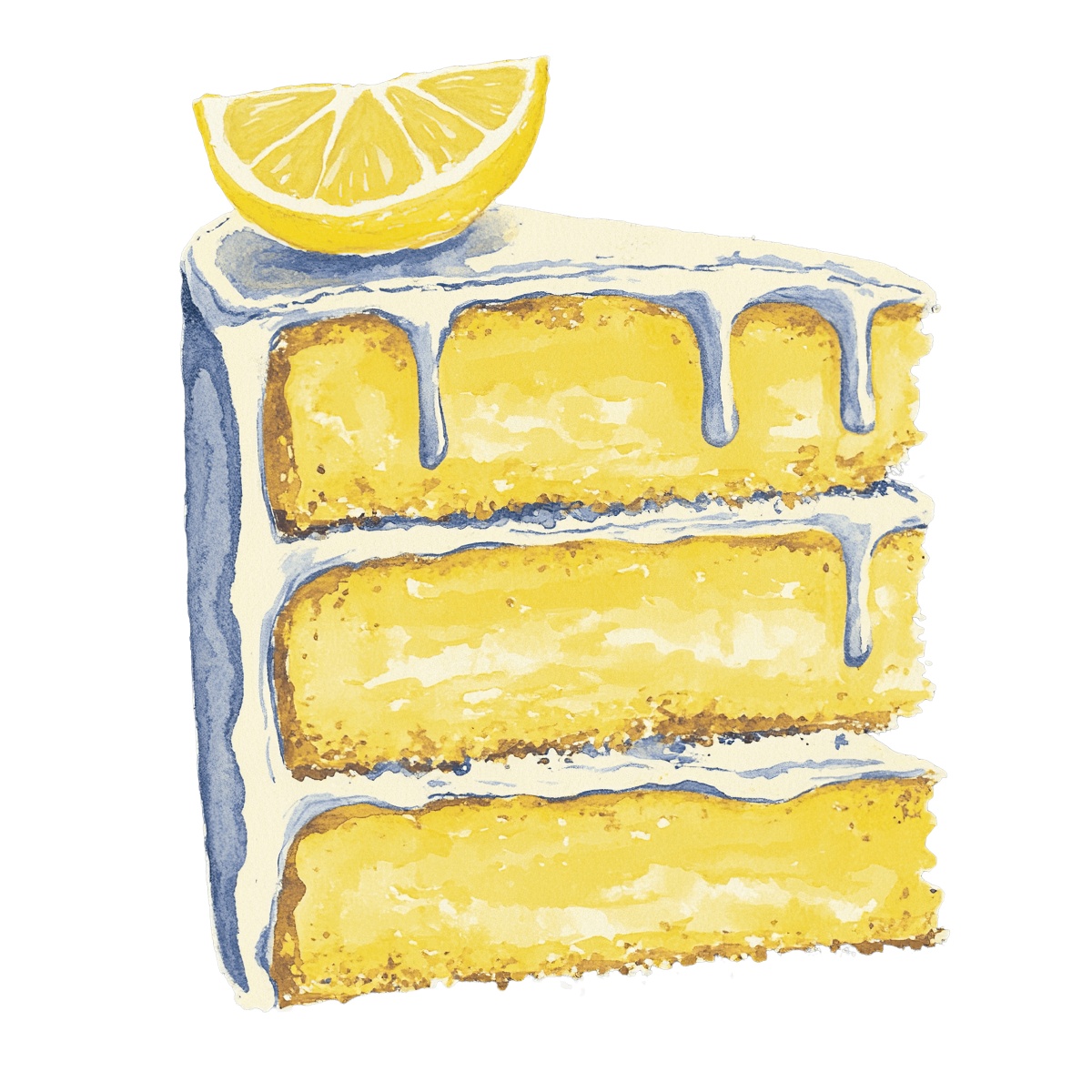 Lemon cake slice with icing and a lemon wedge on top.