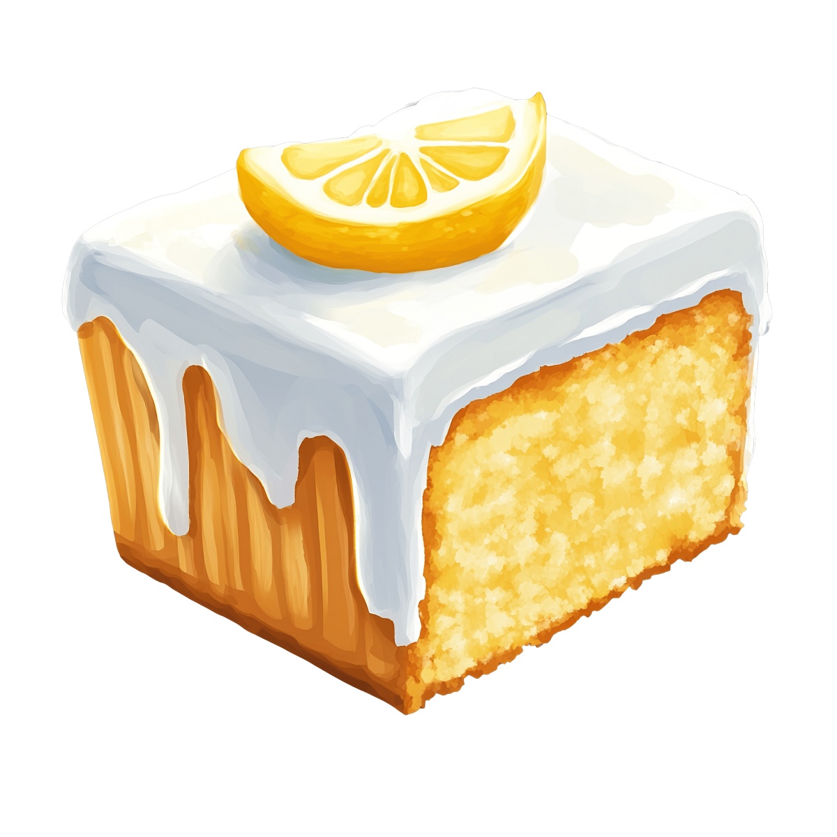 Lemon cake slice with white icing and a lemon wedge on top.