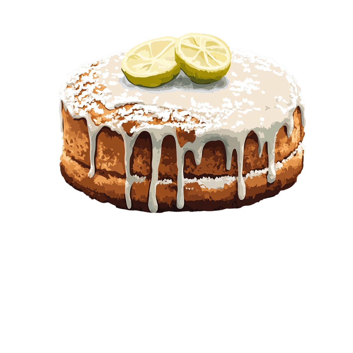Lemon drizzle cake with icing and lemon slices on top.