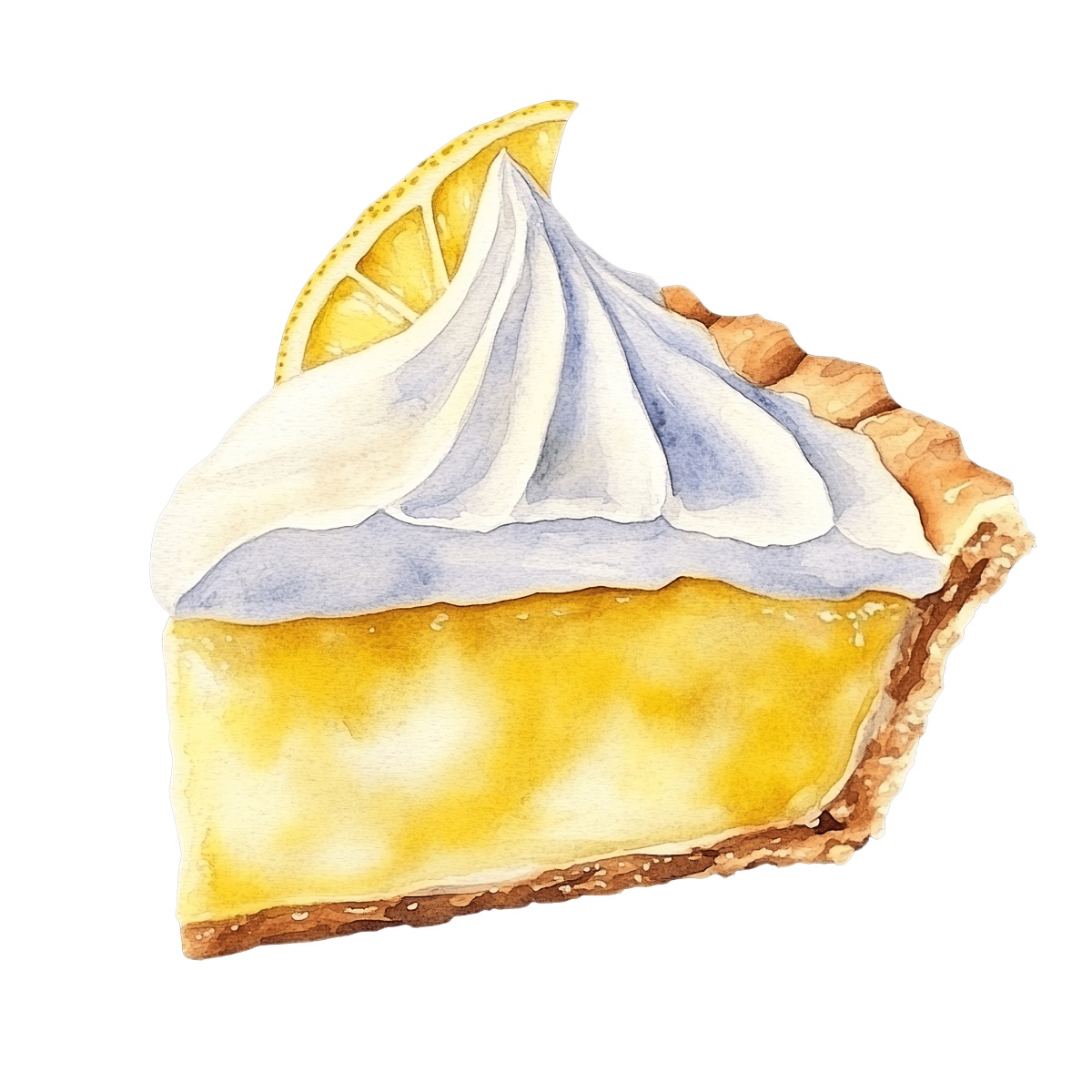 Slice of lemon meringue pie with whipped cream and a lemon wedge.