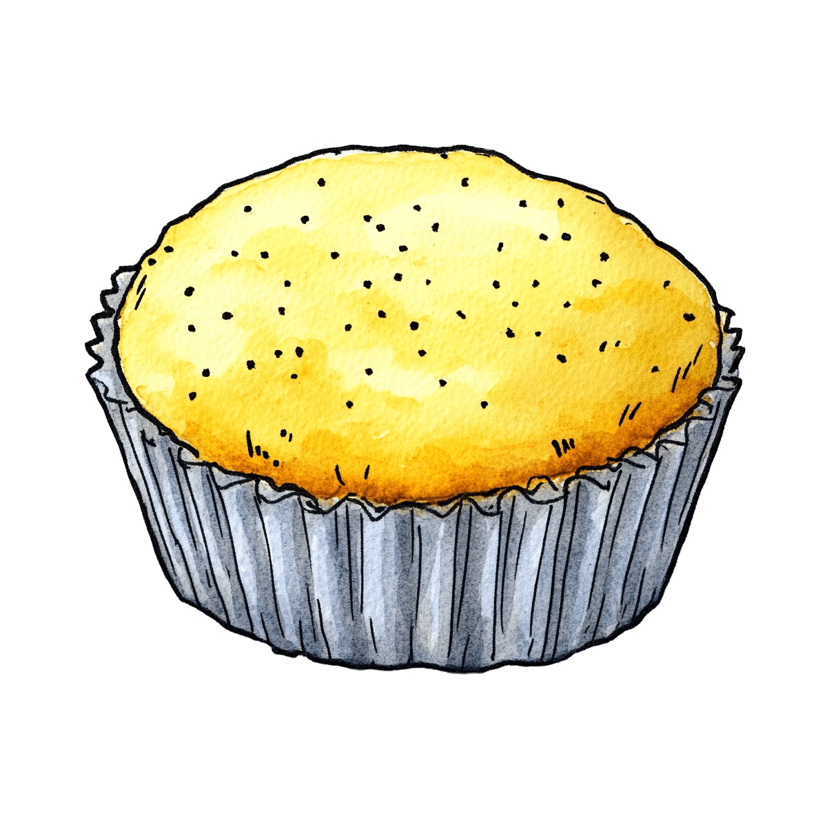 Lemon poppy seed muffin in a silver wrapper, watercolor style clipart.
