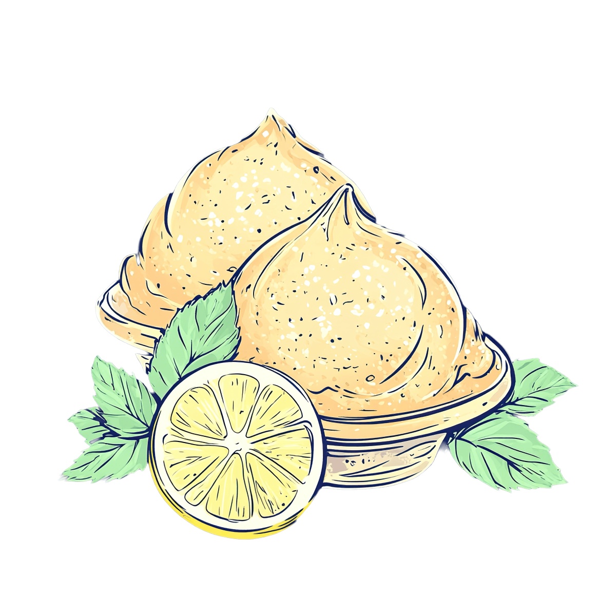 Lemon sorbet scoops with mint leaves and a lemon slice garnish.