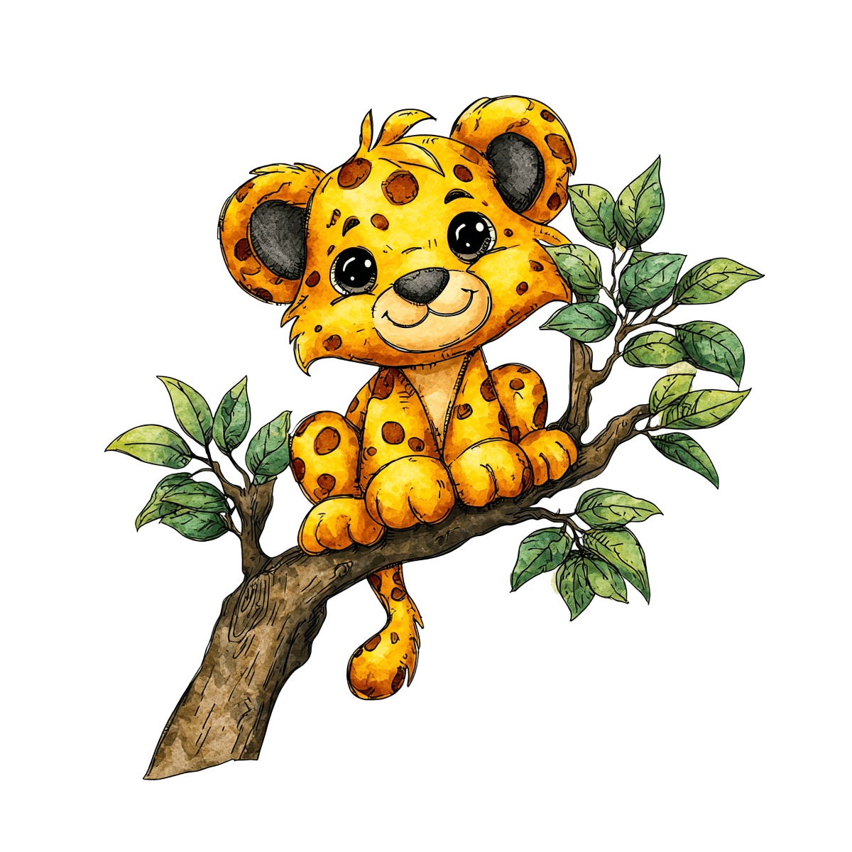 Illustration of a leopard cub on a tree branch with green leaves.