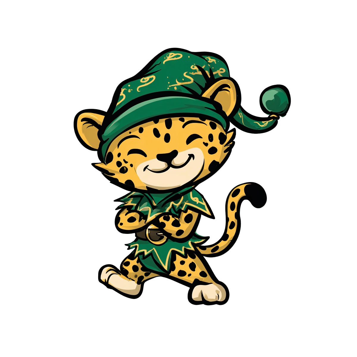 Leopard wearing a green hat and outfit in clipart style.