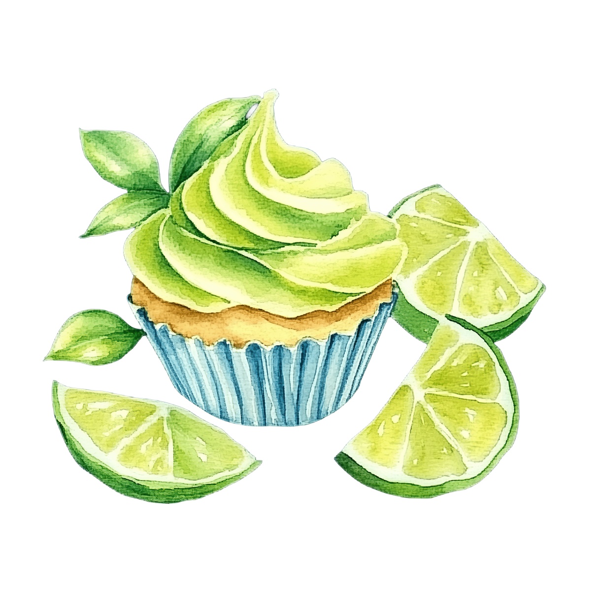 Lime cupcake with green frosting and lime slices on a black background.