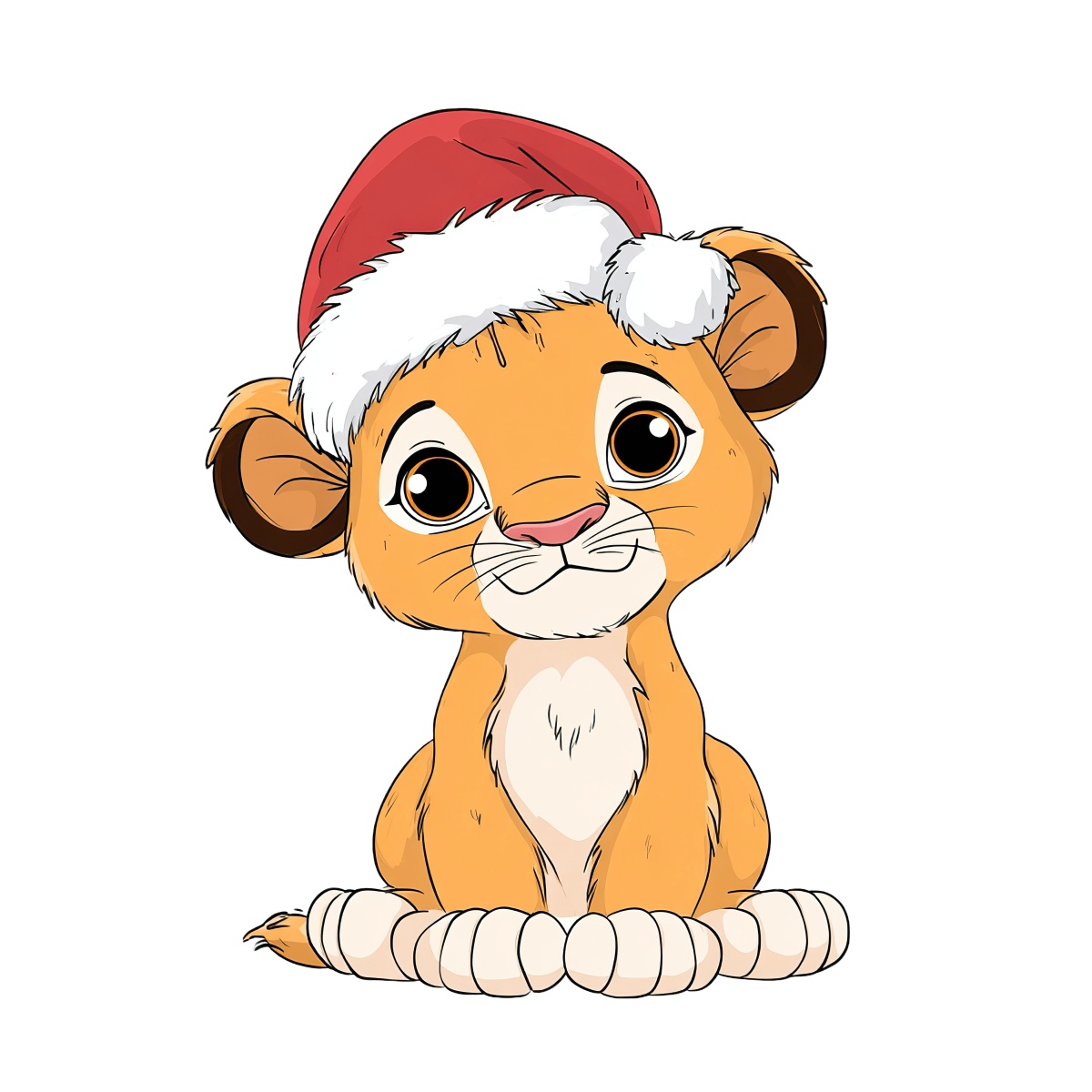 Lion cub in Santa hat sitting, cartoon style.