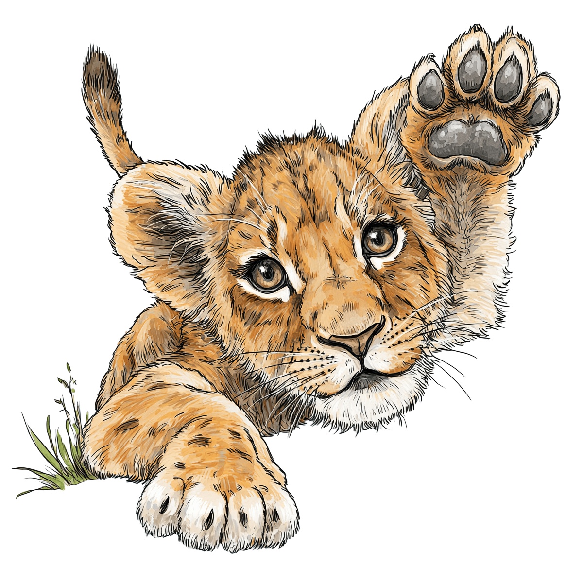 Lion cub with raised paw in detailed illustration style.