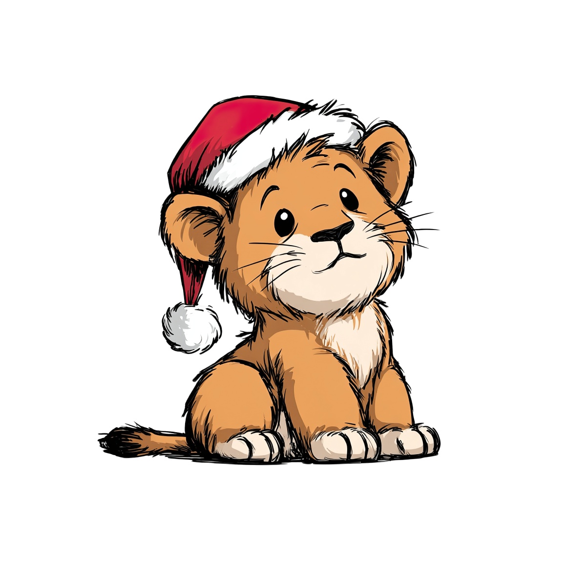 Lion cub wearing a red Santa hat sits upright in illustration.