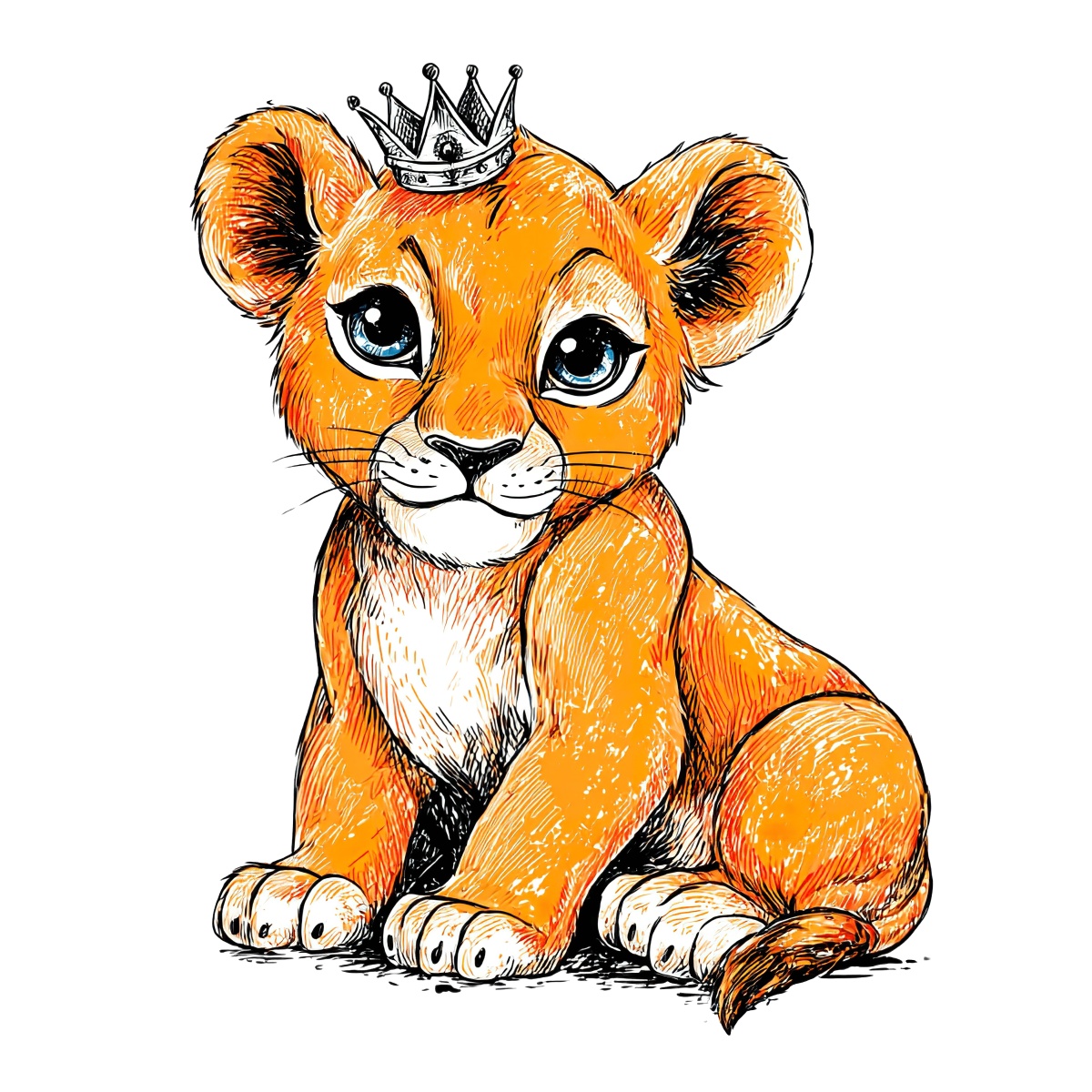 Lion cub with crown illustration in orange clipart style.