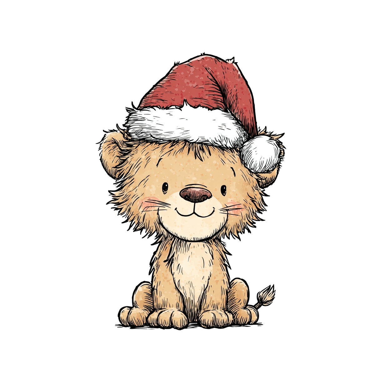 Lion cub with beige fur wearing a red Santa hat.