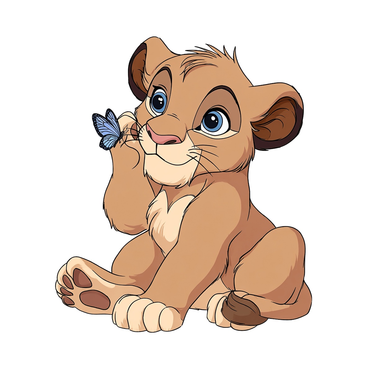 Lion cub sitting with a butterfly on its nose, cartoon style.