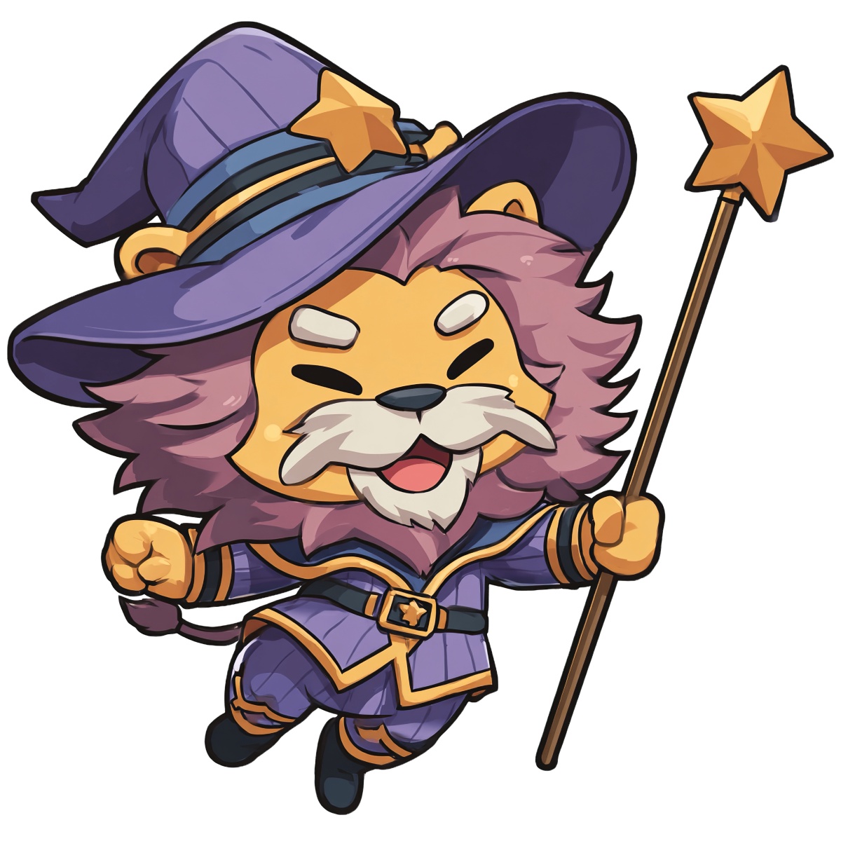 Lion in wizard outfit holding a star-tipped wand.
