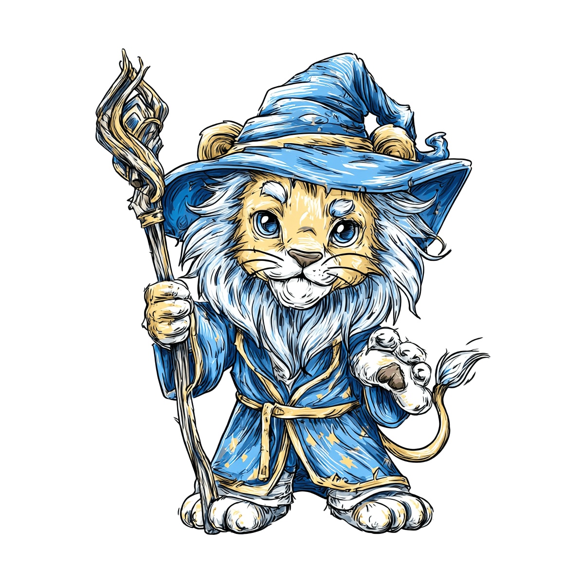 Lion in a blue wizard robe and hat holding a staff.