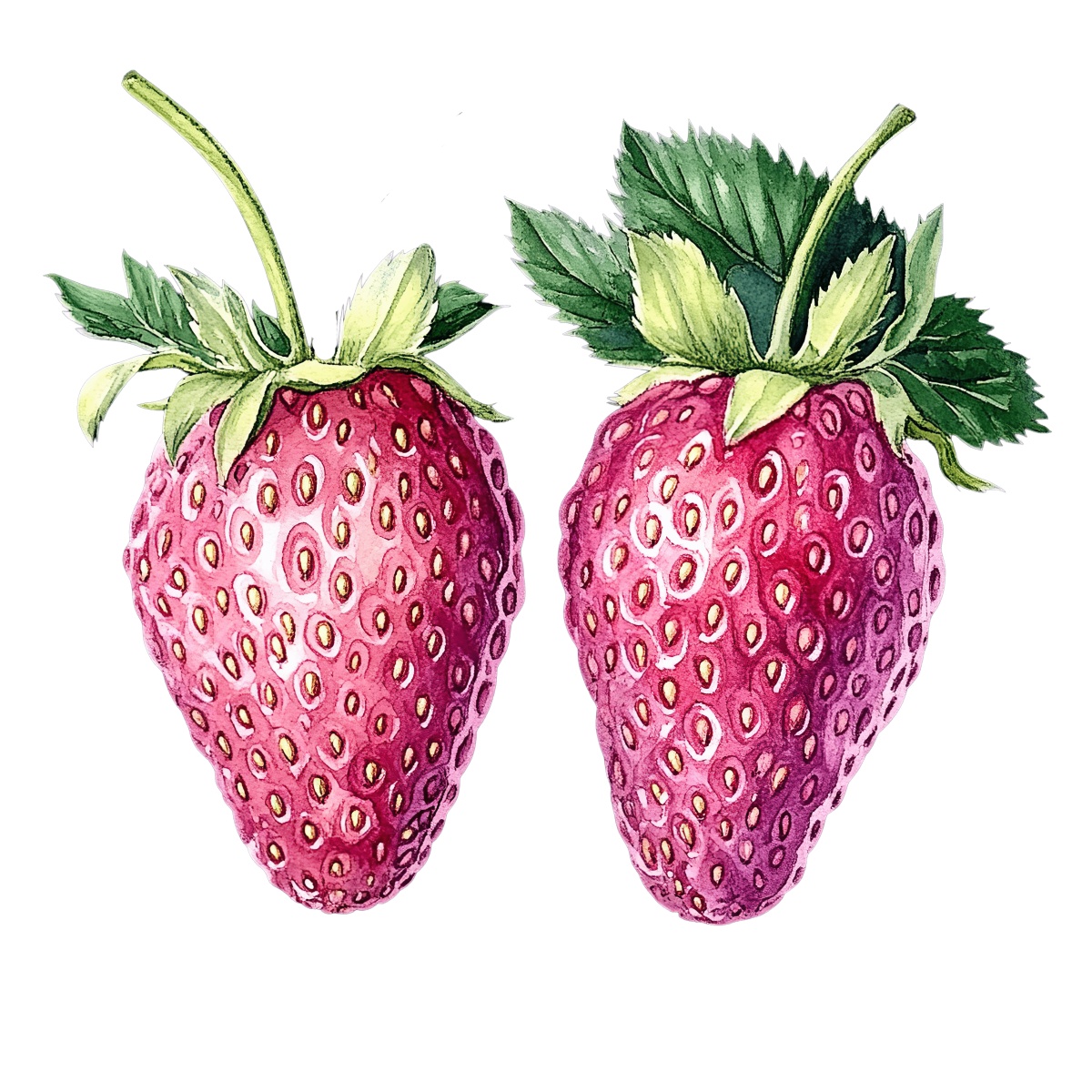 Two strawberries with green leaves.