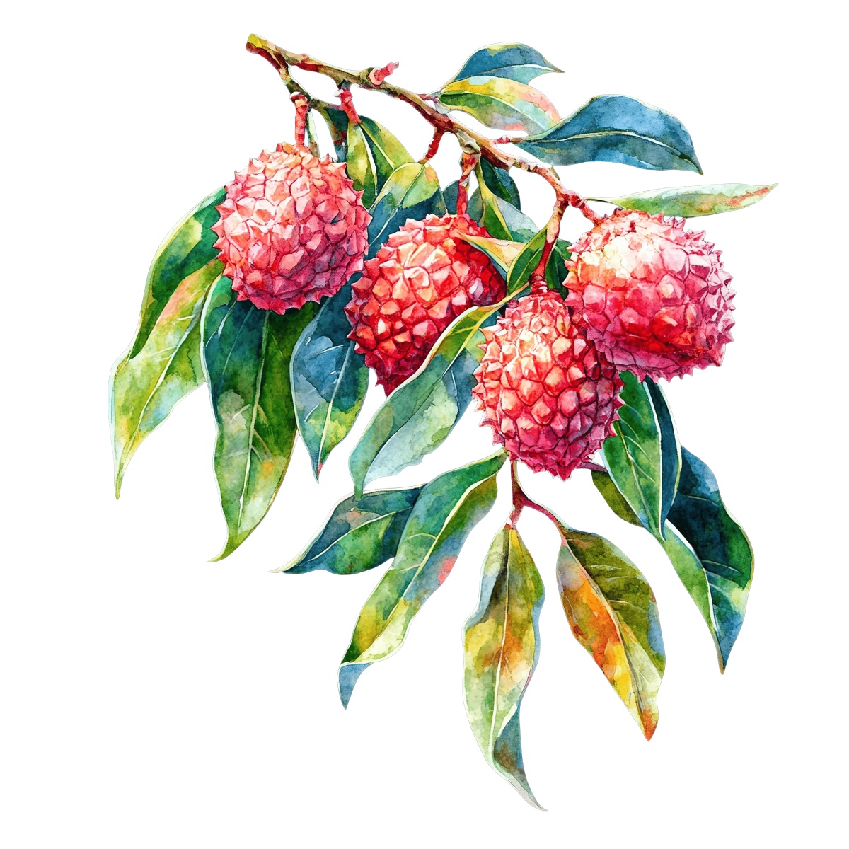 Lychee fruits and green leaves depicted in a watercolor style.