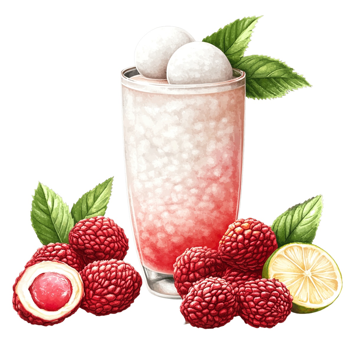 Lychee drink in a glass with fresh lychees and a lemon slice.