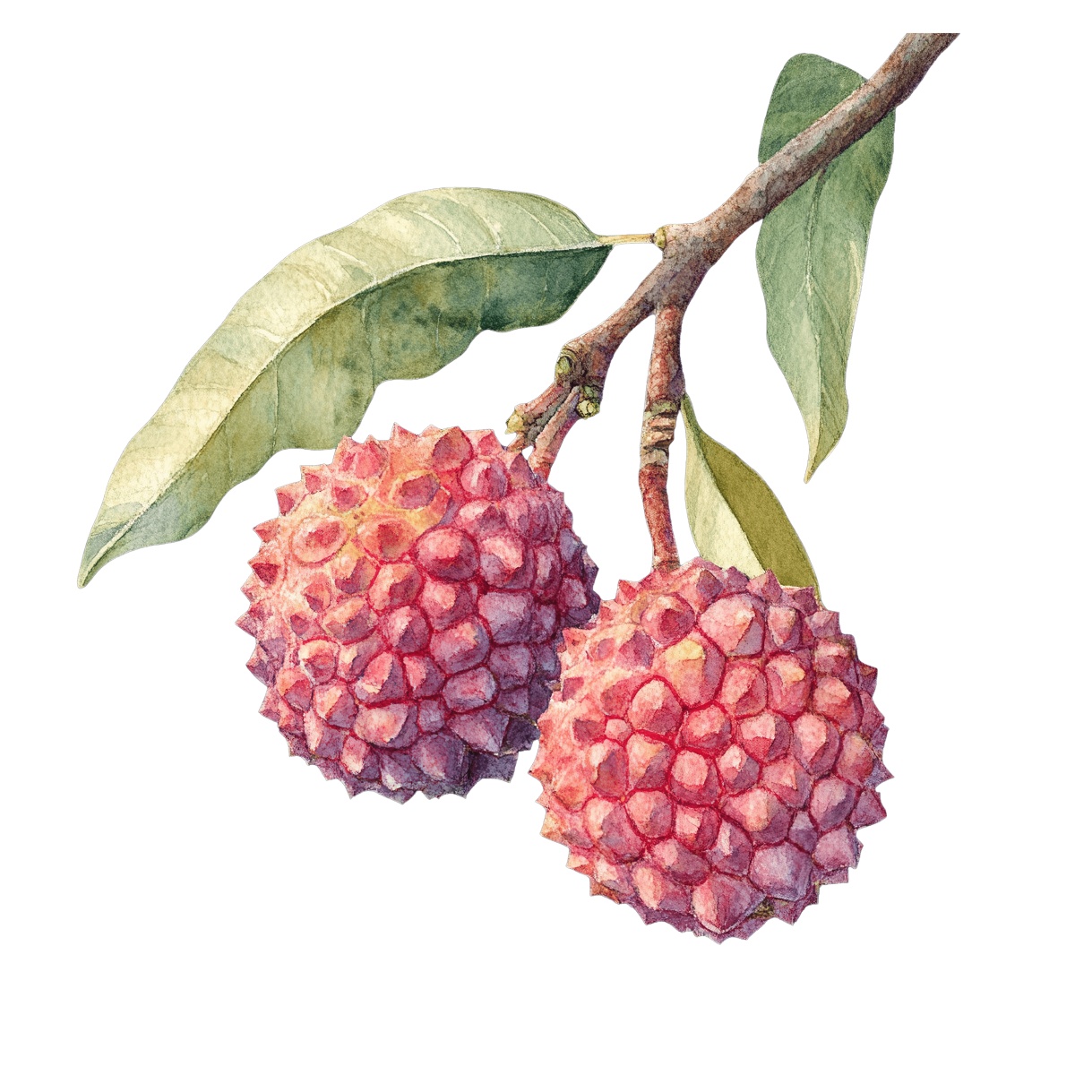 Lychee fruit on a branch with green leaves in detailed clipart.