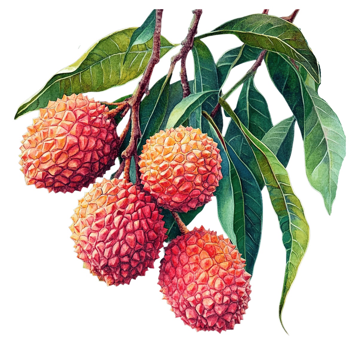 Lychee fruit cluster with green leaves hanging from a branch.