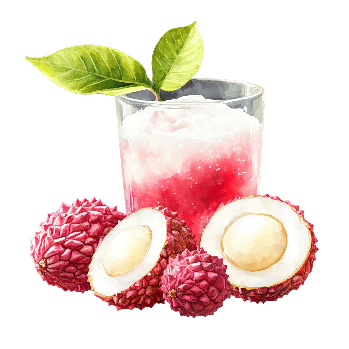 Lychee fruit and juice with fresh green leaves on top.