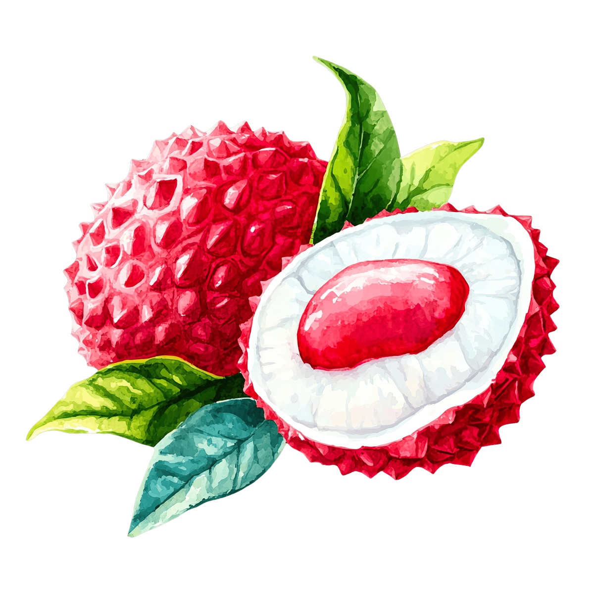 Lychee fruit with textured red skin and green leaves, one cut open.