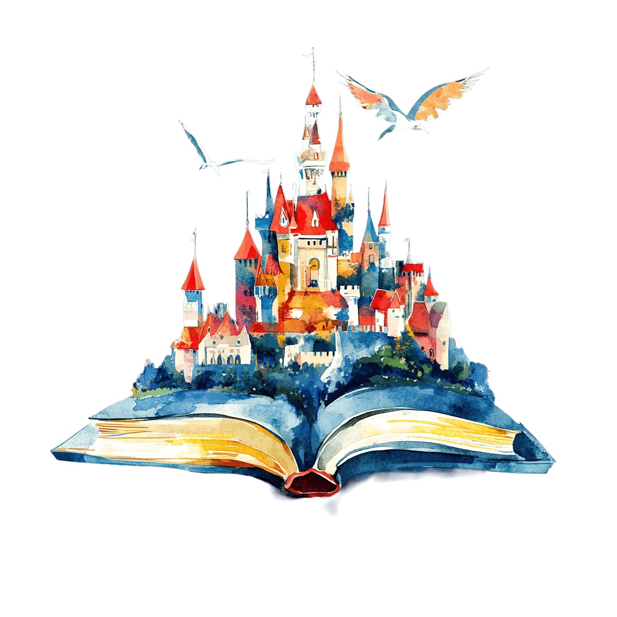 A colorful castle rises from an open book with birds flying above.