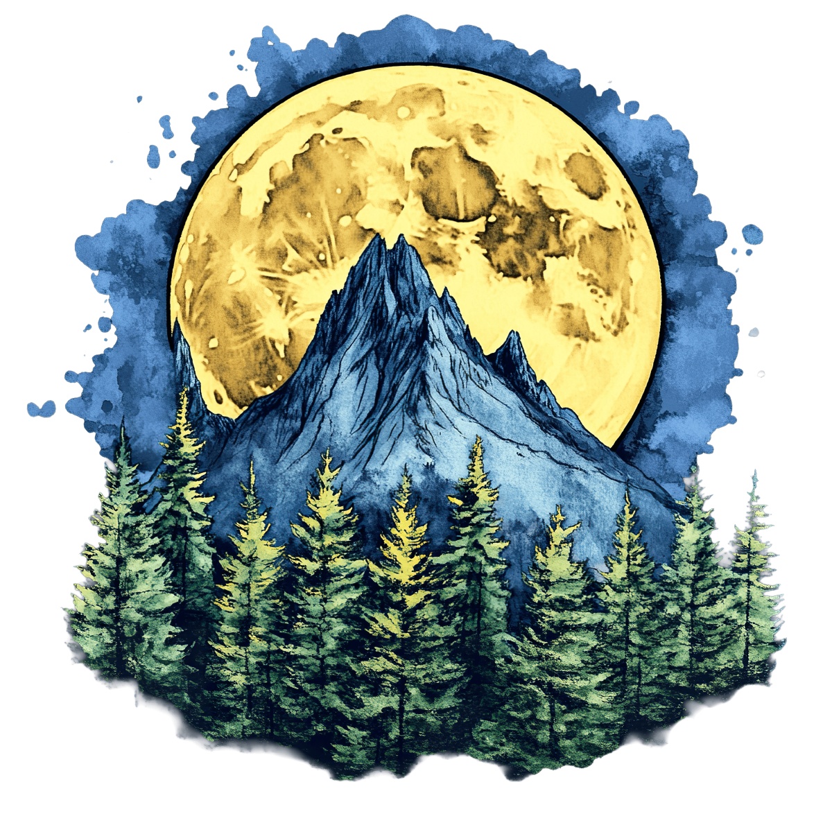 Nature scene with towering mountains and pine trees under a bright full moon.