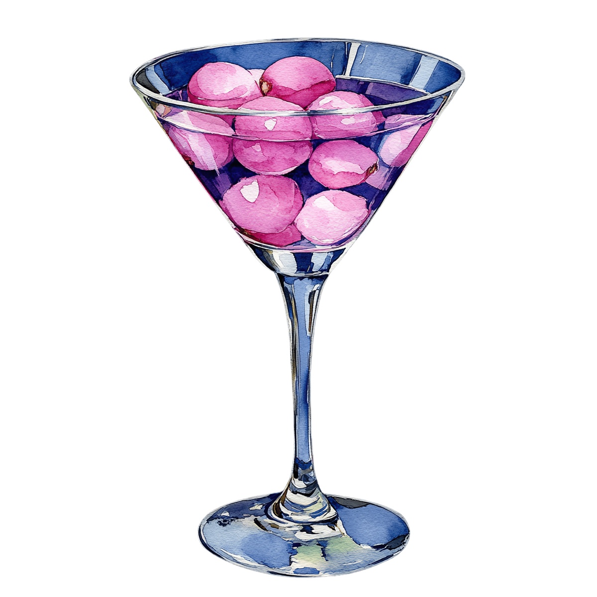 Martini glass filled with pink round fruits in watercolor style.
