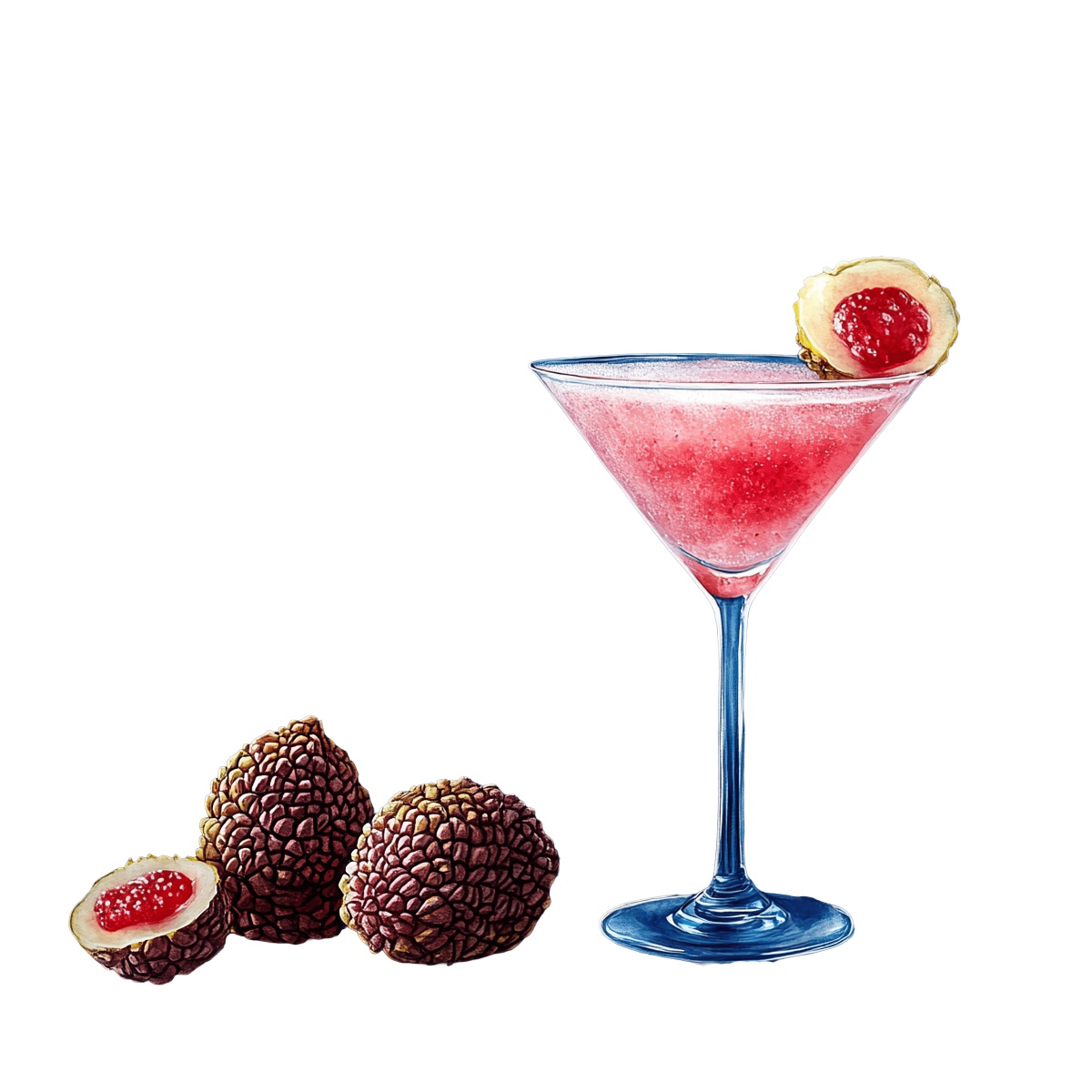 Martini glass with pink drink and lychee fruit garnish.