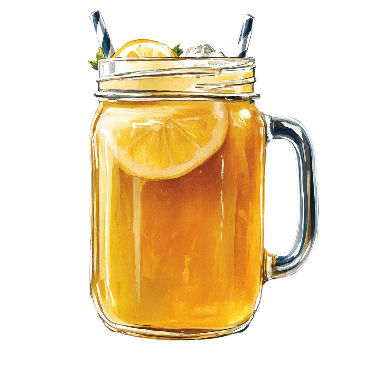 Mason jar filled with iced tea, lemon slices, and two straws.