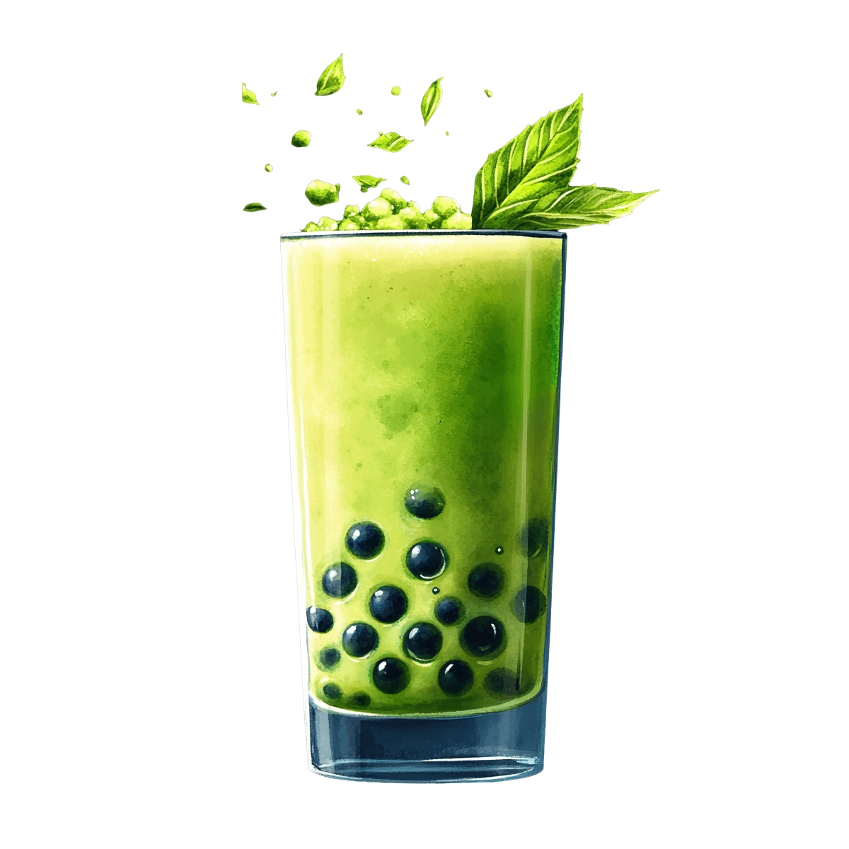 Matcha bubble tea with tapioca pearls and mint leaves in a glass.
