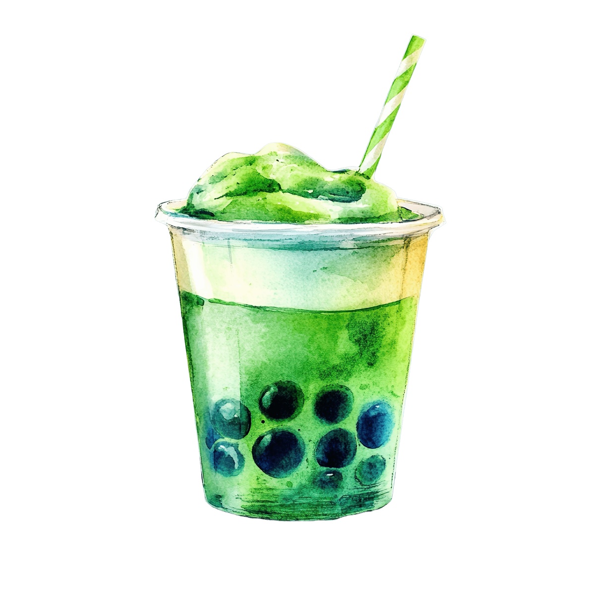Matcha bubble tea in a cup with tapioca pearls and a straw.
