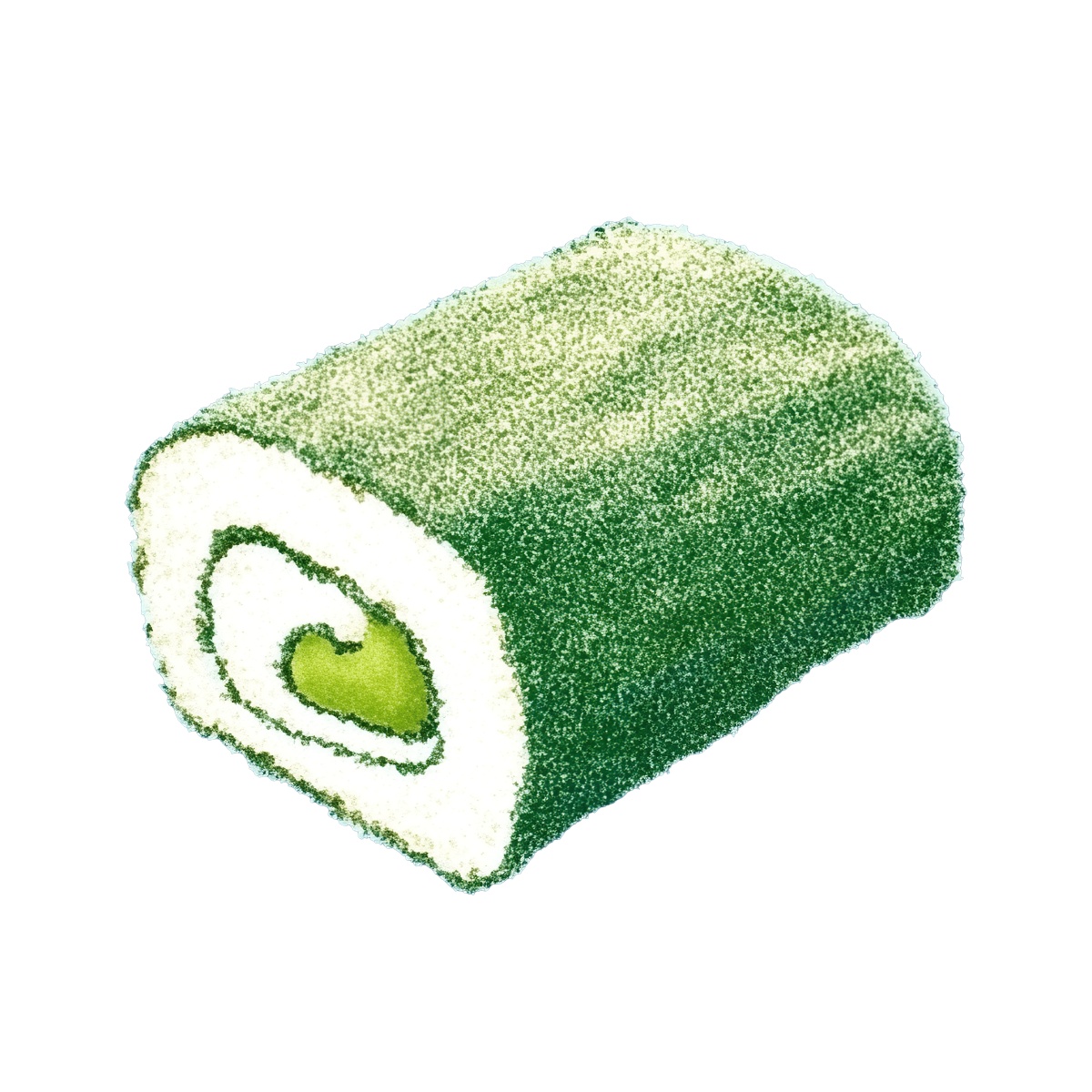 Matcha green tea roll cake with a swirl design in clipart style.