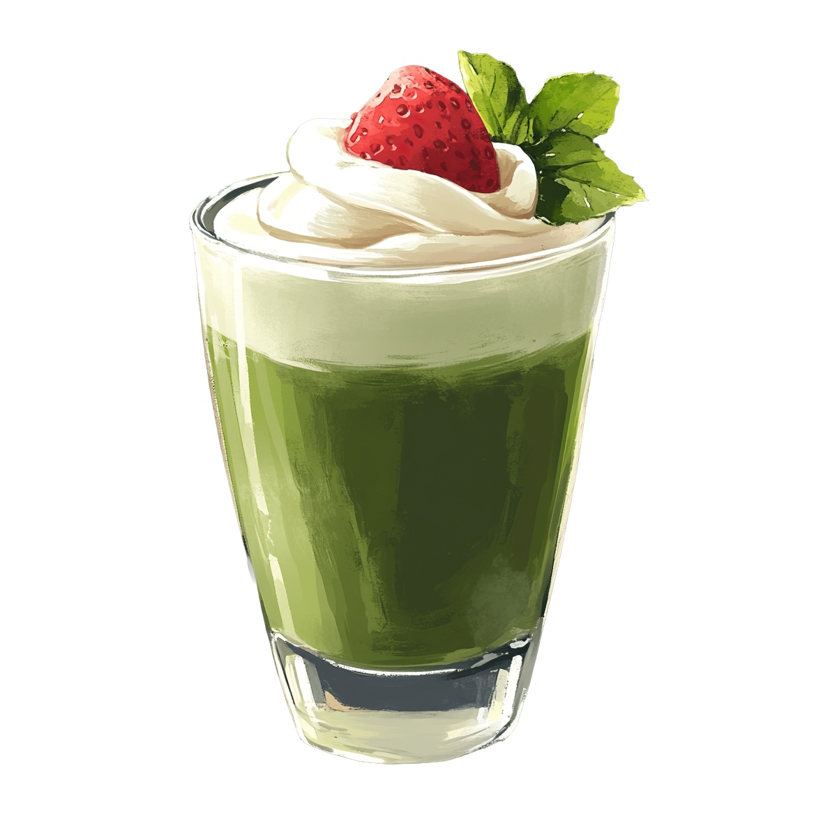 Matcha mousse dessert in a glass with whipped cream and a strawberry on top.