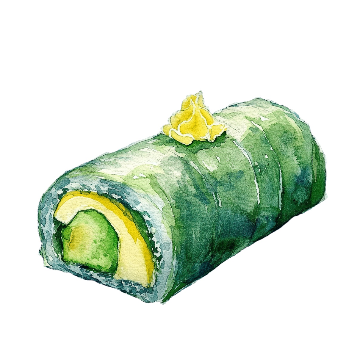 Matcha roll cake with cream topping in watercolor style.